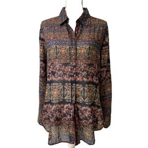 3J Workshop Johnny Was Women's Blue Silk Blend Velvet Floral Boho Blouse Size S